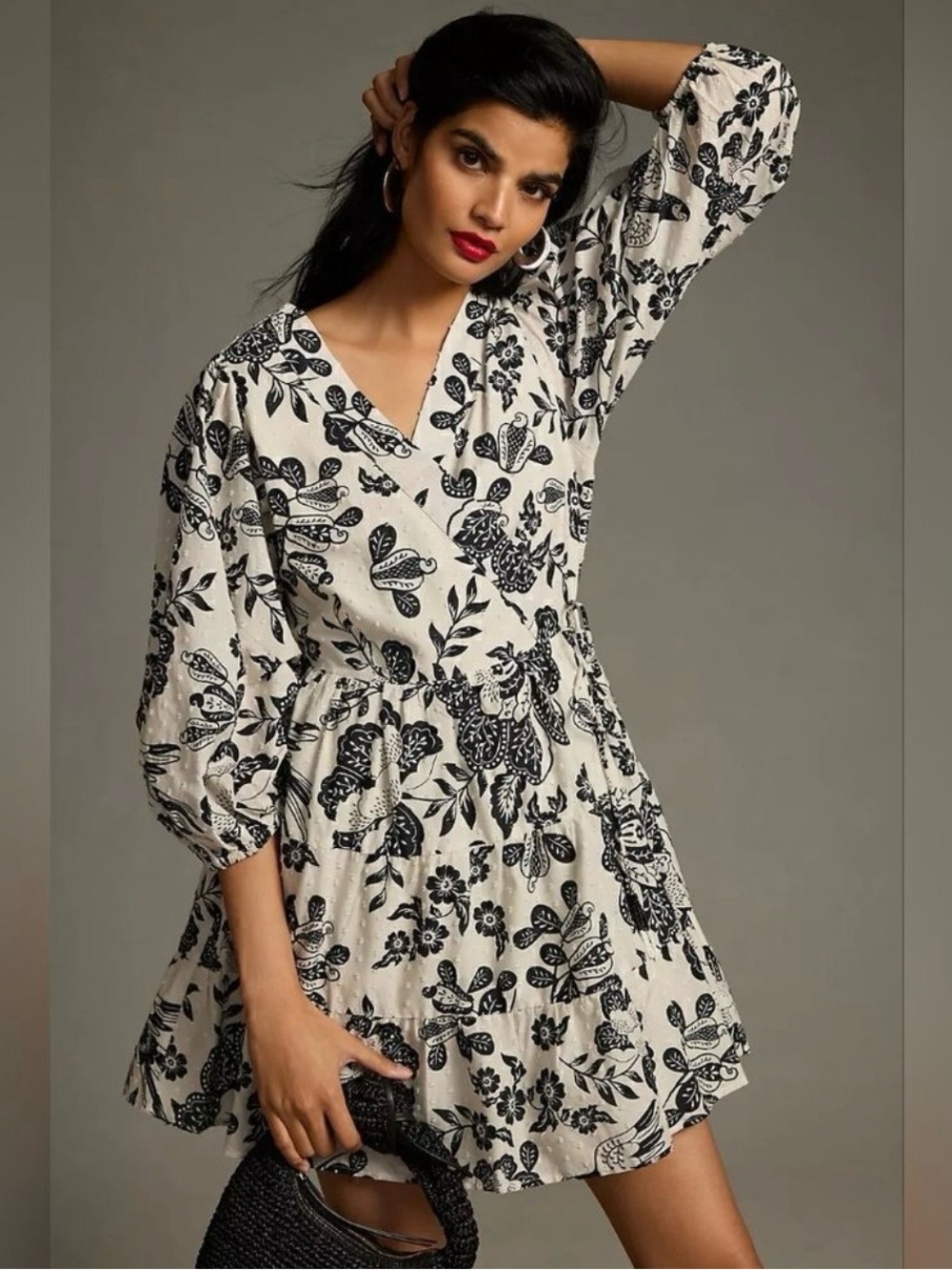 FARM Rio + Anthropologie Printed Wrapped style Long Sleeve Mini Dress Size L NWT